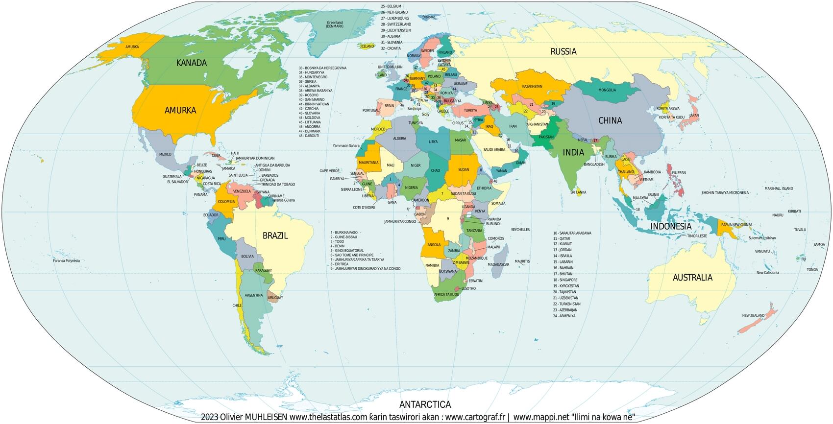 Mapa mundi com países em hausa