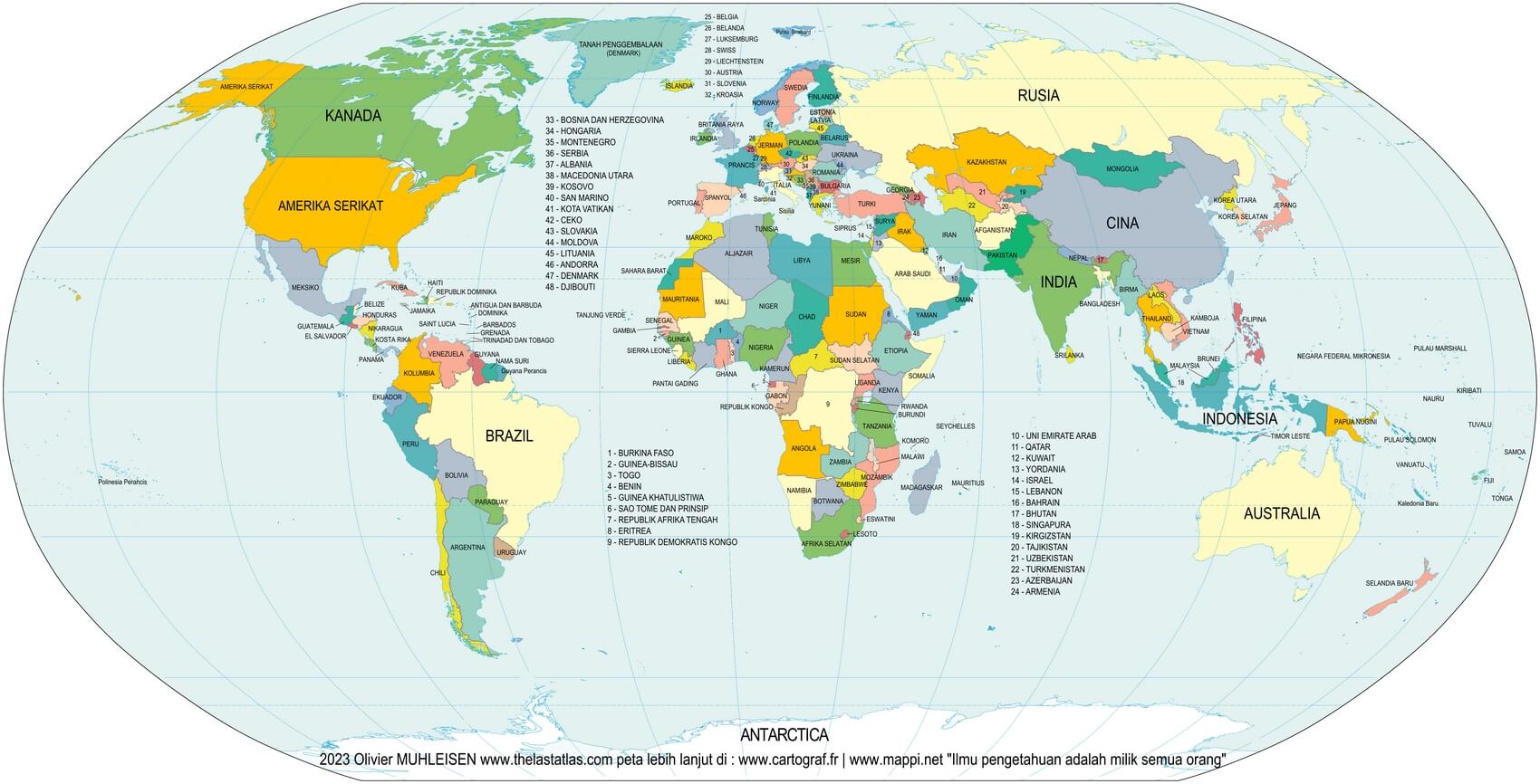 Mapa mundi com países em indonésio