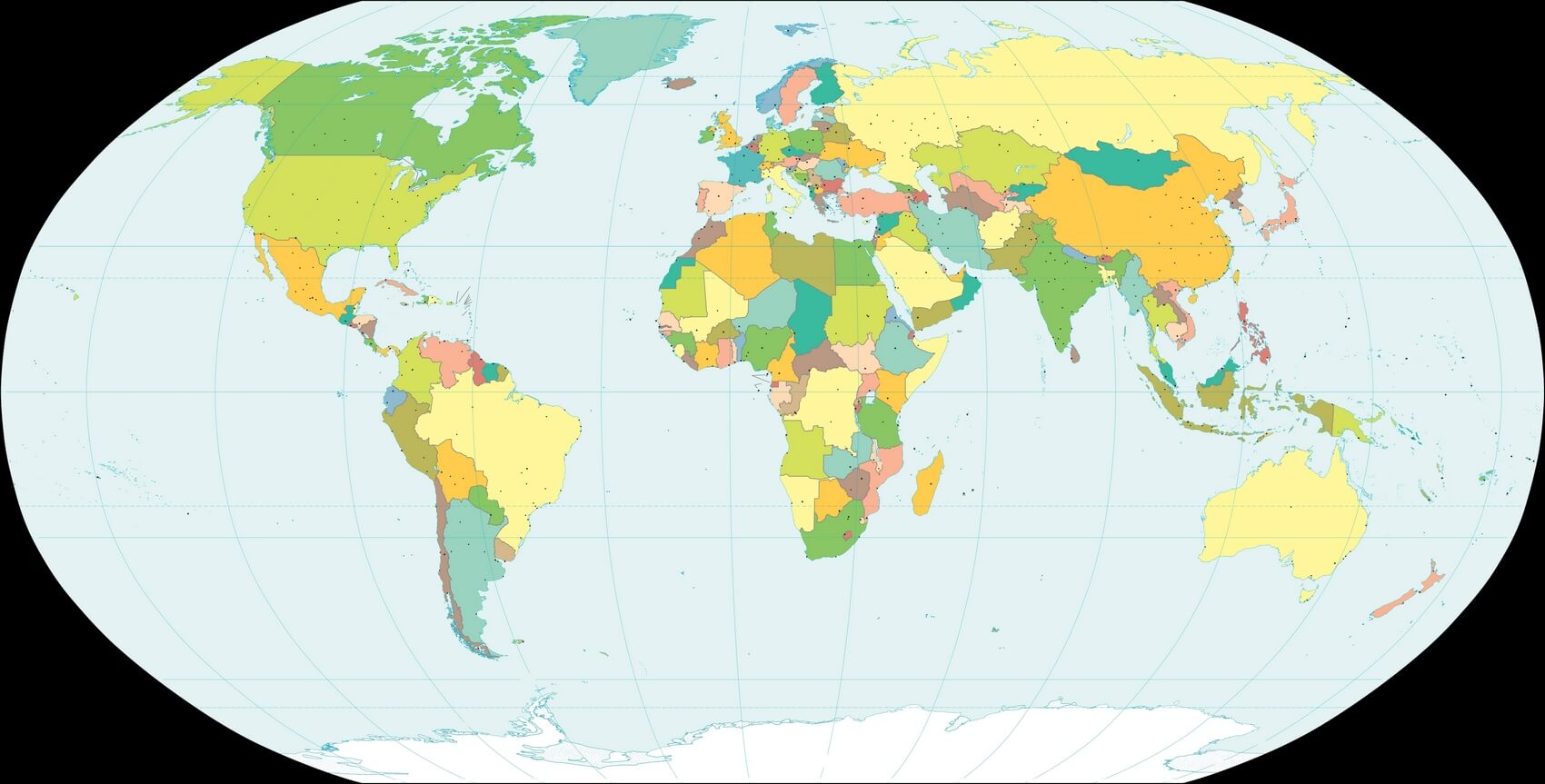 Mapa mundial branco com países coloridos grandes cidades e capitais