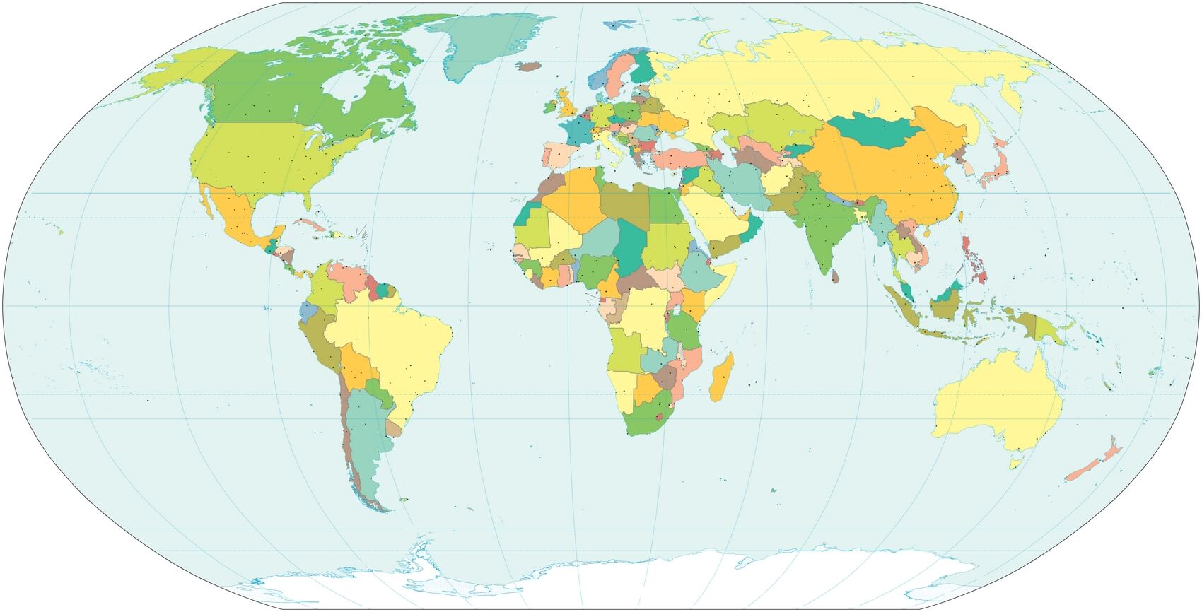 Mapa mundial branco com países coloridos grandes cidades e capitais